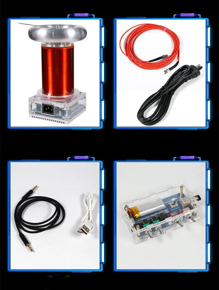 Arc extinguishing SSTC Tesla coil driver board with controller and connection cables on a dark surface.