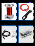 Arc extinguishing SSTC Tesla coil driver board with controller and connection cables on a dark surface.