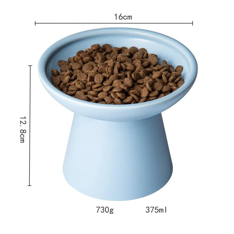 Extra wide elevated ceramic cat food bowl in blue green pink or white with shallow 16cm dish for whisker fatigue relief
