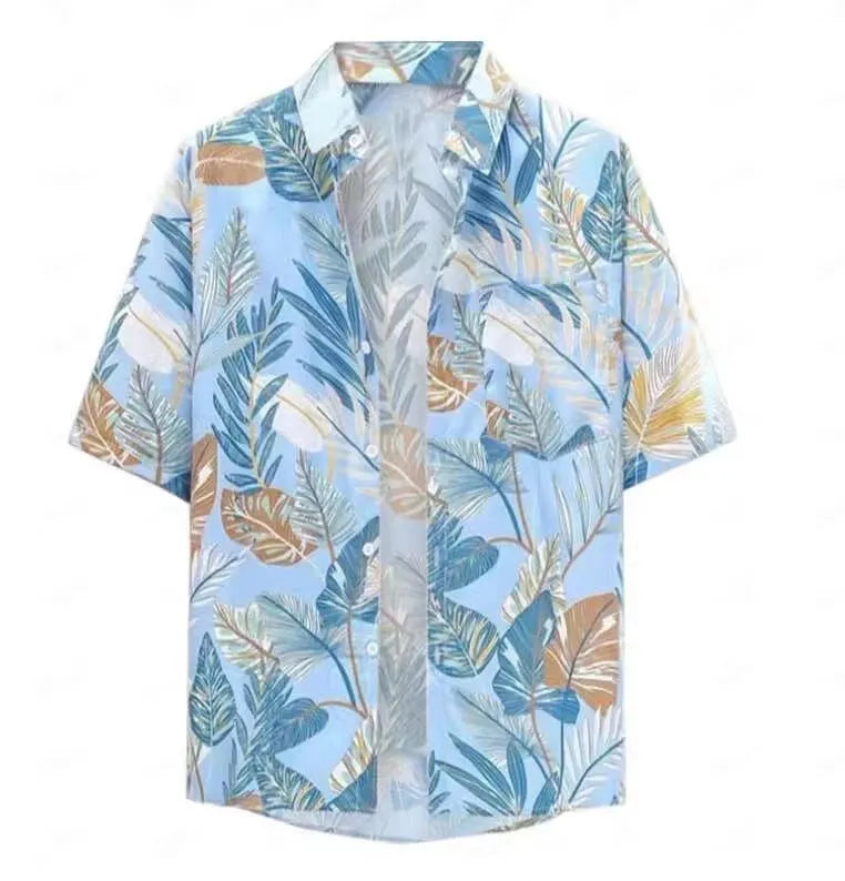 Men's short-sleeved Hawaiian shirt with a colourful 3D printed pattern on a polyester blend fabric.