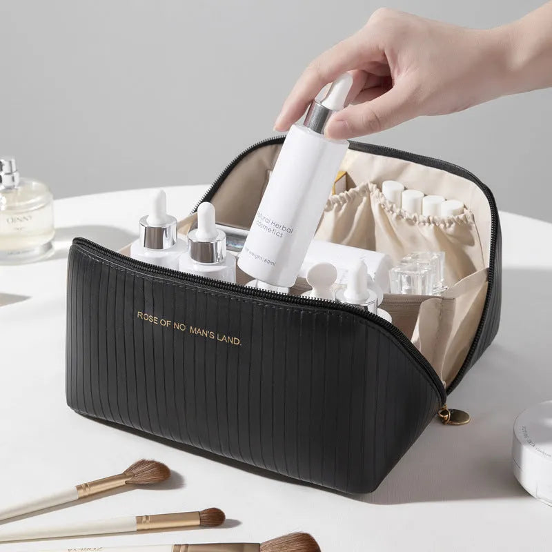 Cubic PU makeup bag with vertical pattern pillow design in beige, black, brown, grey, pink colours