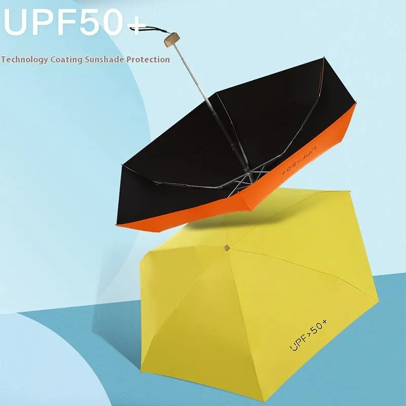 Closed five-fold mini pocket sun umbrella showing compact size and rubber handle