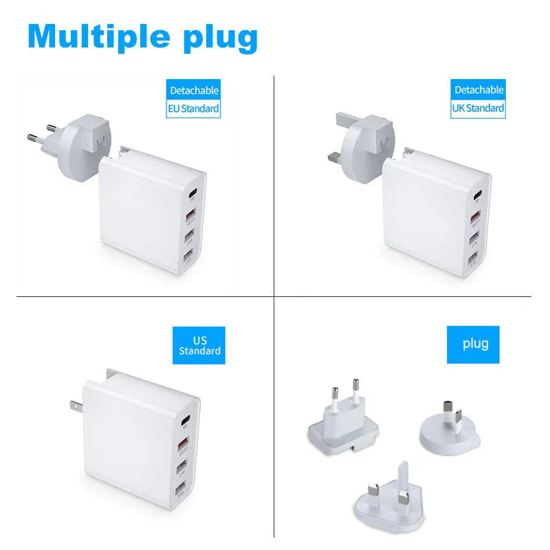 White 4-port fast charger with PD and QC technology showing UK plug