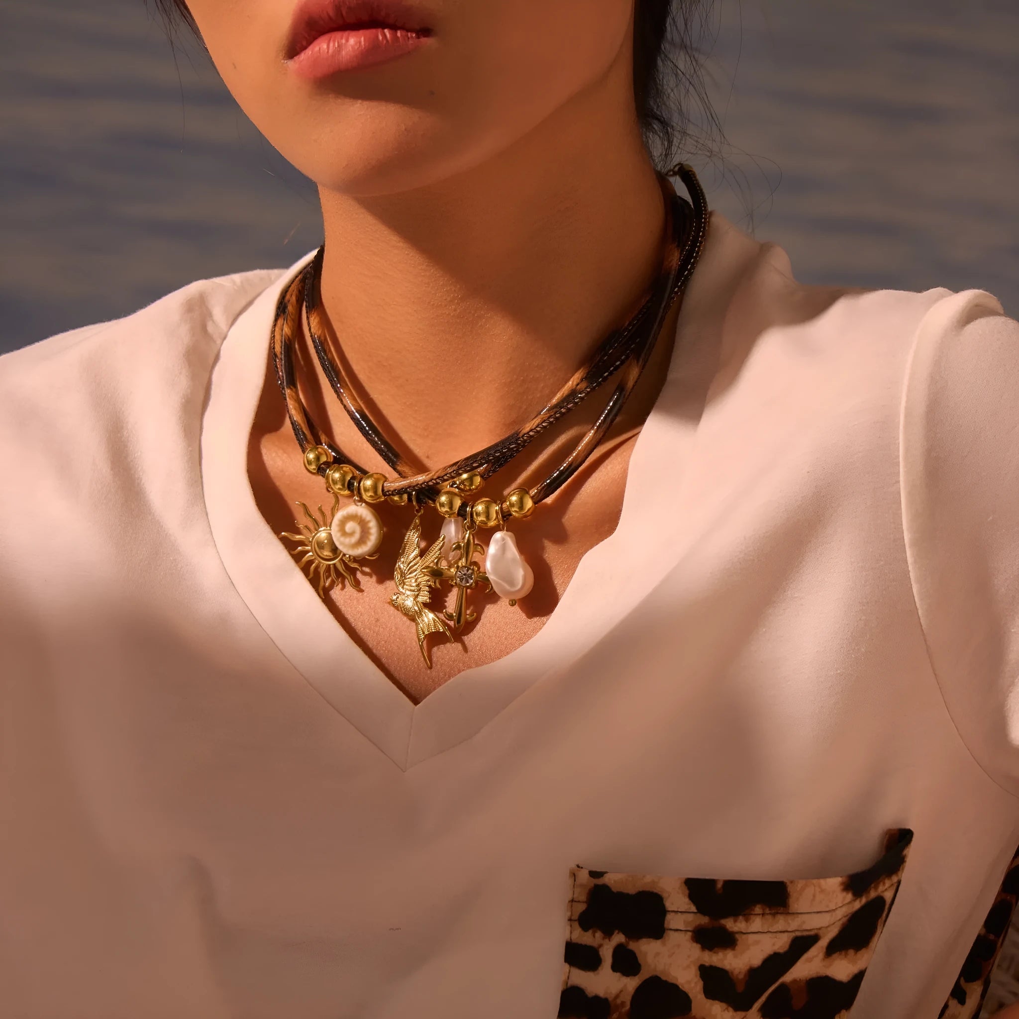 Women's leopard print geometric stainless steel necklace with 18K gold plating on adjustable chain