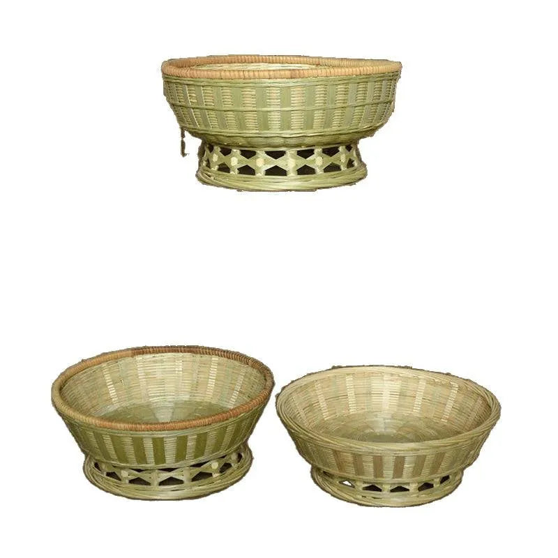 Handmade natural bamboo storage basket in woven construction showing three size options