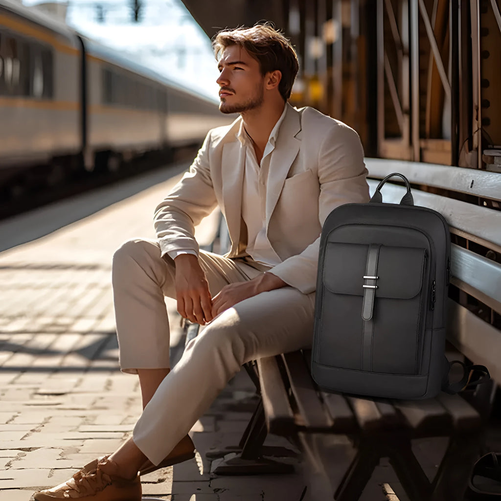Black Oxford cloth lightweight backpack with sewing line detailing