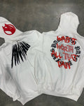 Black loose hooded sweatshirt cardigan with a white printed skull and letter design, featuring rhinestone details.