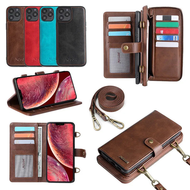 Detachable wallet backpack phone case with leather flip cover for iPhone and Samsung phones