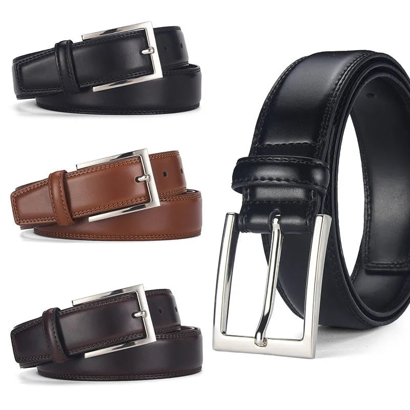 Men's genuine leather belt with alloy pin buckle in classic black showing length measurement and two-layer cowhide construction