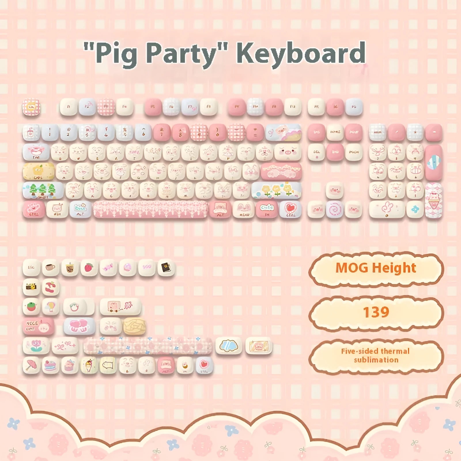 Sublimation printed cartoon pig party themed keycap set for mechanical keyboard, showing full 138-key layout.