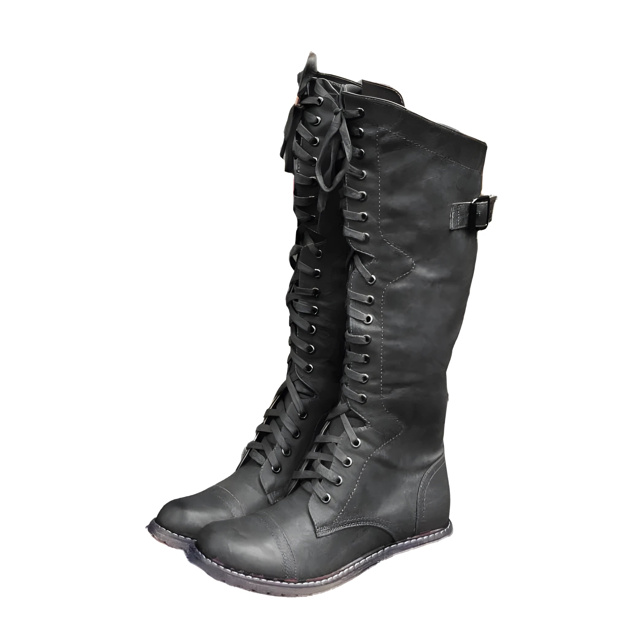 Women's black knight ankle boots with a cross strap detail on a white background.