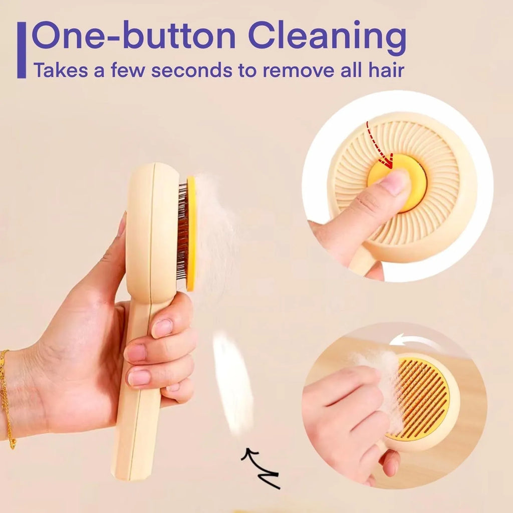 Blue and yellow pet grooming brush with metal pins and a self-cleaning button