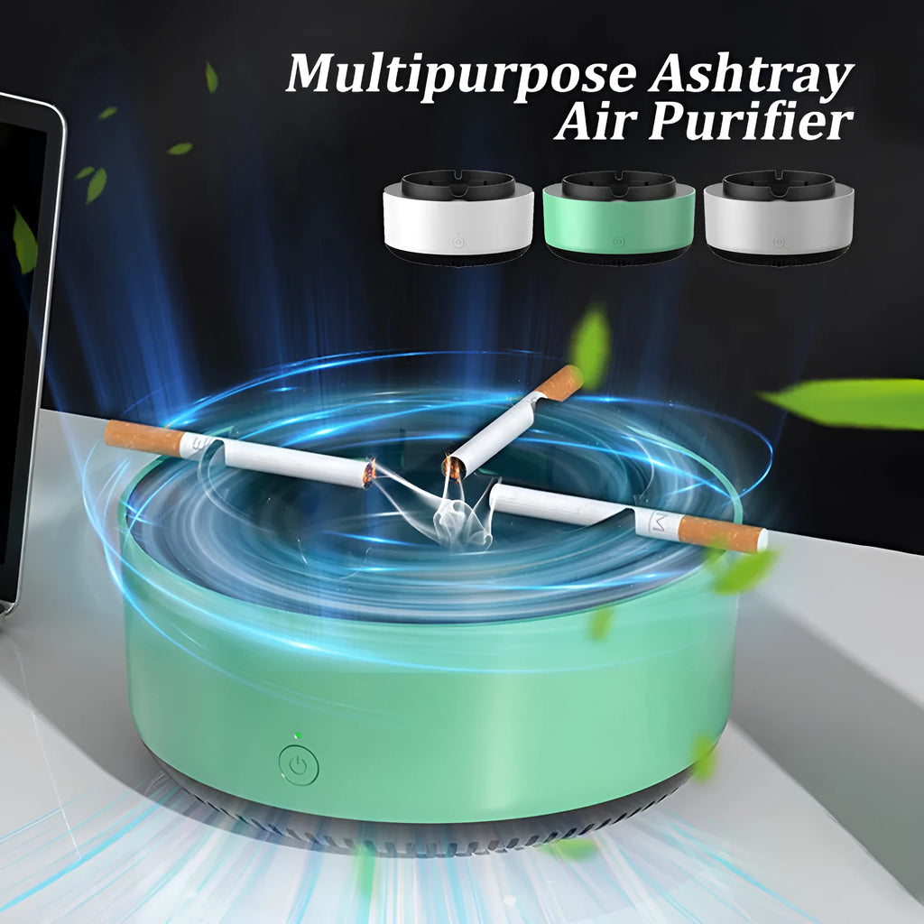 Smoke removal air purification ashtray with negative ion feature and compact design