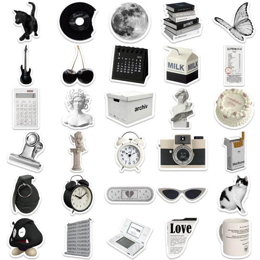 61-piece pack of black and white simple design PVC waterproof stickers for laptops and phones.