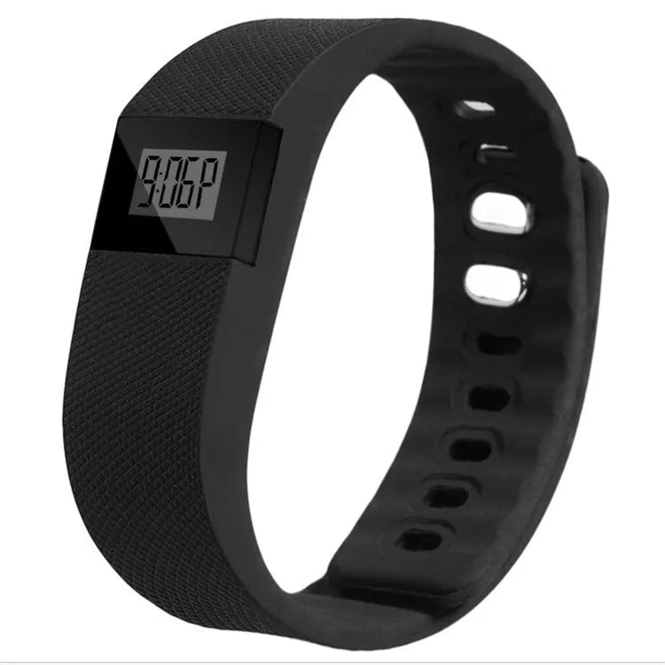 Colourful plastic and ABS bracelet pedometer for tracking steps, distance, and calories on the wrist.