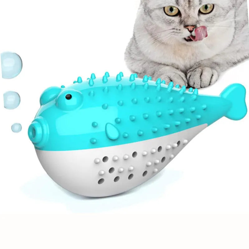 Blue silicone fish-shaped cat chew toy with measurements 12.2 x 4.9 x 5.8 cm