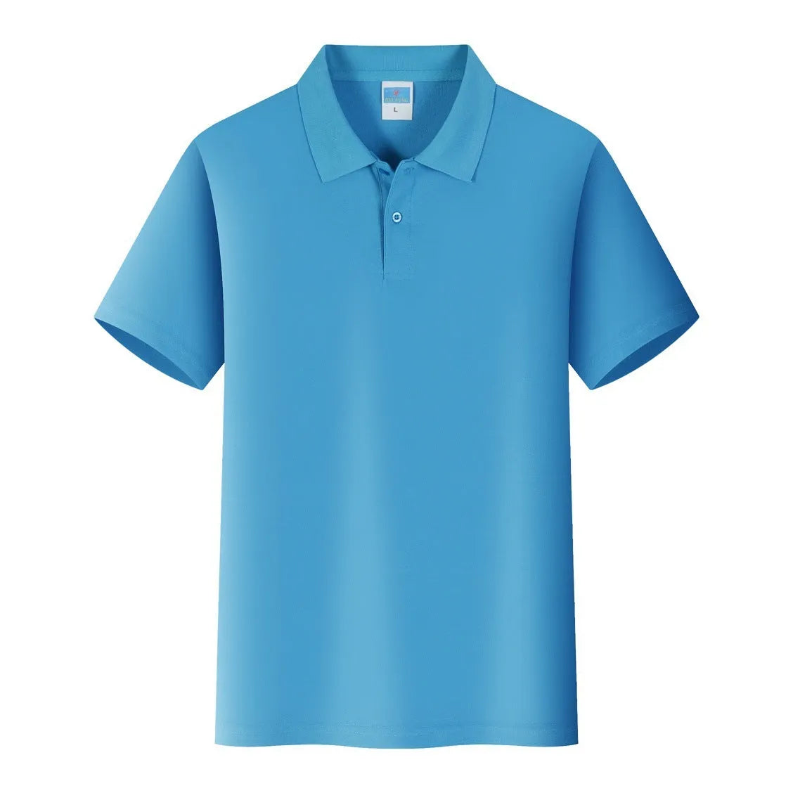 Short sleeve cotton work shirt in straight fit for corporate embroidery on a hanger.