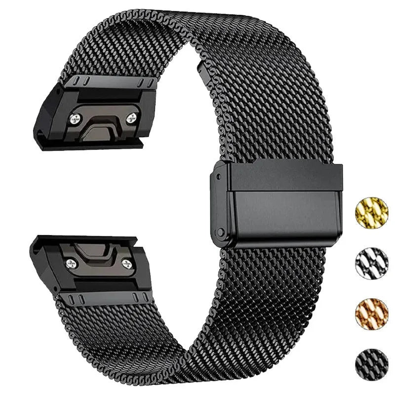 Stainless steel watch strap replacement for Garmin Fenix smartwatches in multiple colours