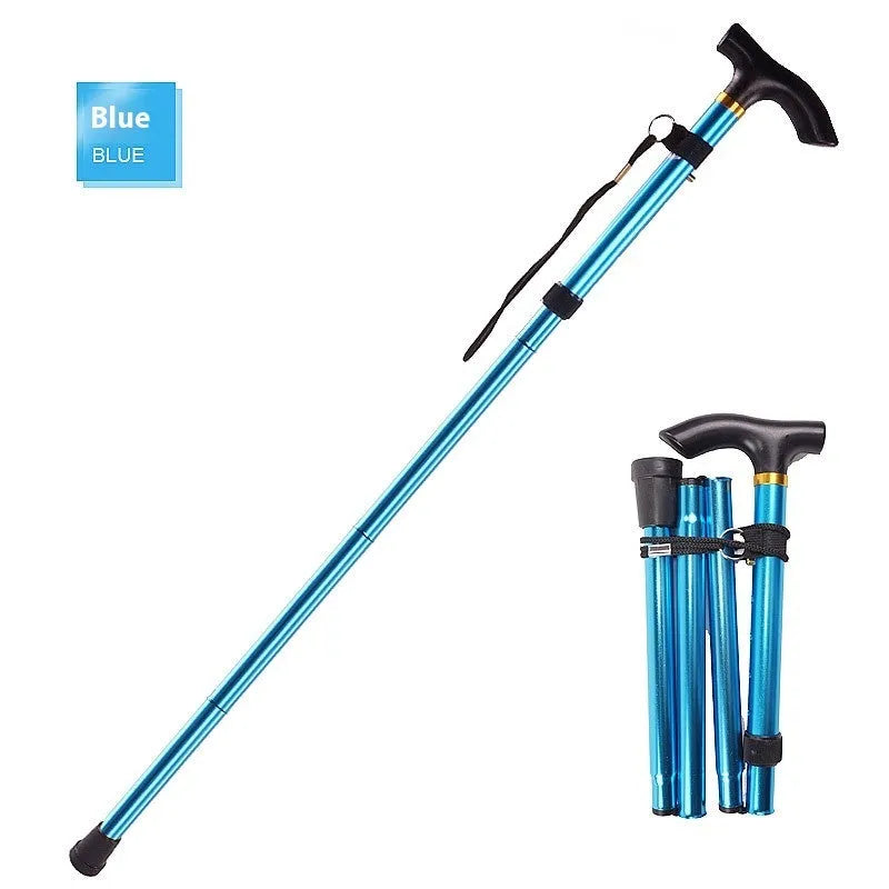 Aluminium alloy folding walking cane shown extended and collapsed, with non-slip handle.