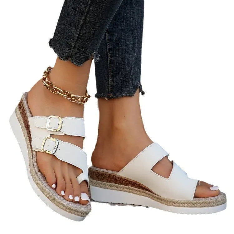 White patent leather woven wedge sandals with peep toe and round toe design