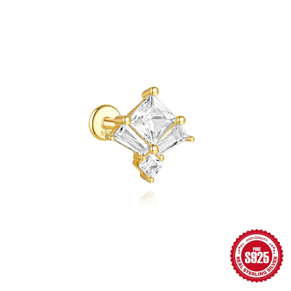 S925 sterling silver stud earrings with zircon inlay in golden geometric designs including clover and crown.