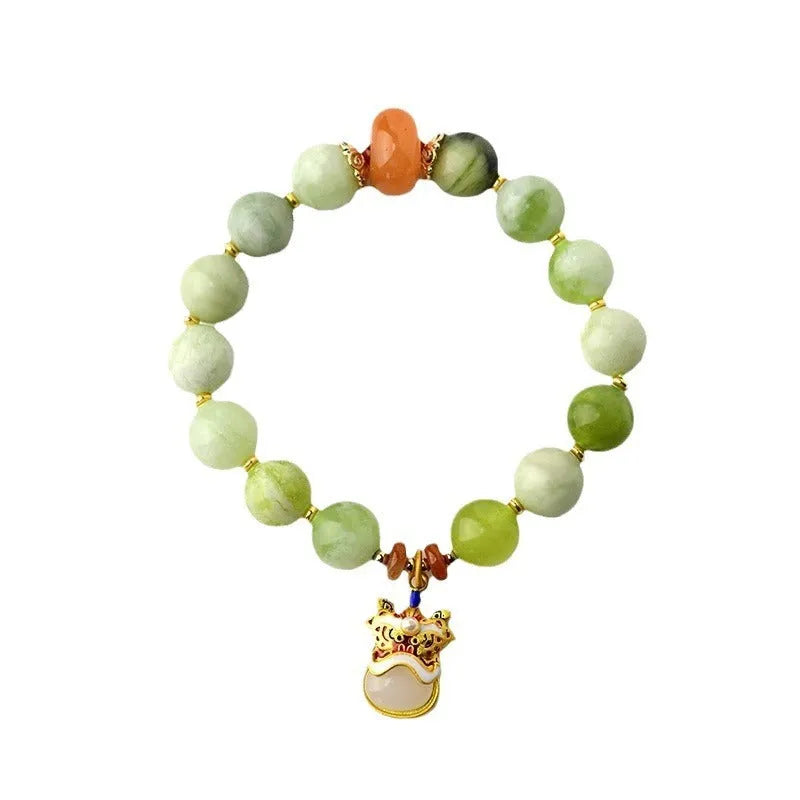 Handmade green milk-in-water jade bracelet with 10mm geometric retro beads for women.