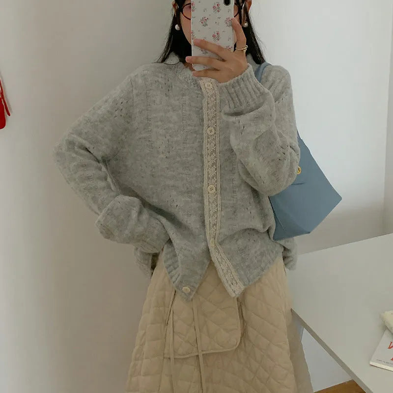 Korean artistic retro style sweater coat in viscose fibre fabric with loose fit and cardigan design