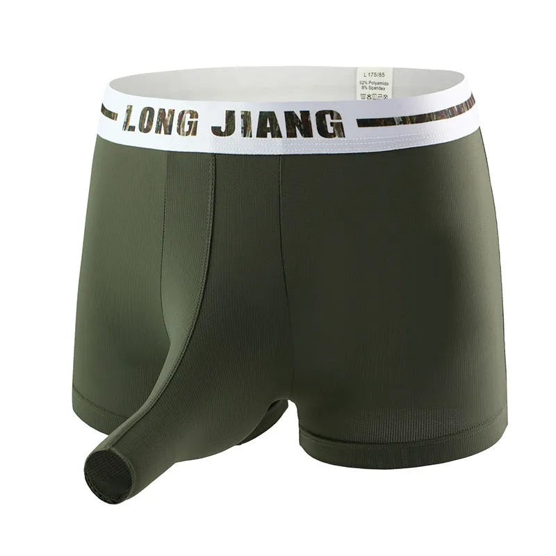 Men's ice silk trunk open boxer briefs on a solid background, showing the mid-waist fit.