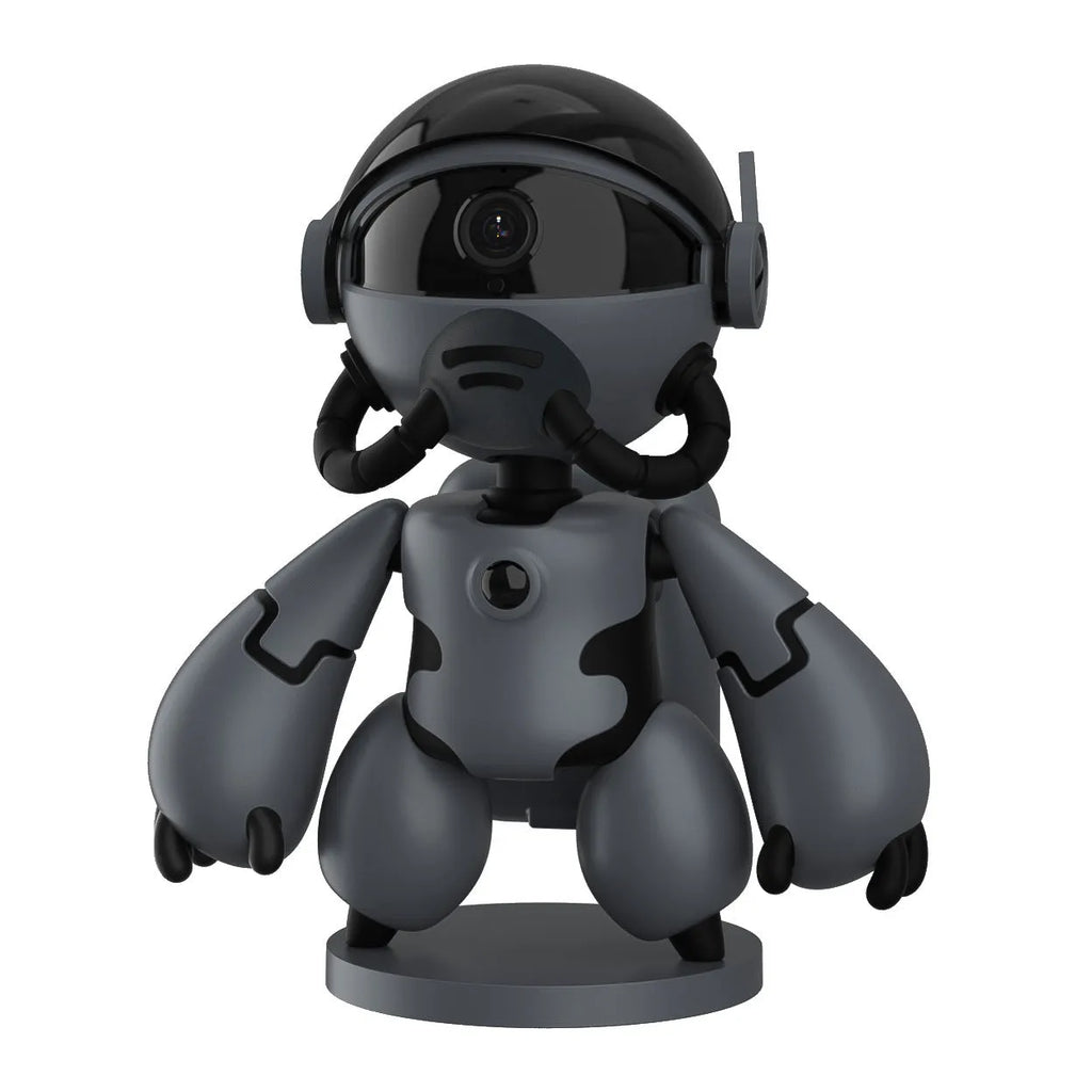 Black or white indoor WiFi security camera with a wide-angle lens on a detachable base.
