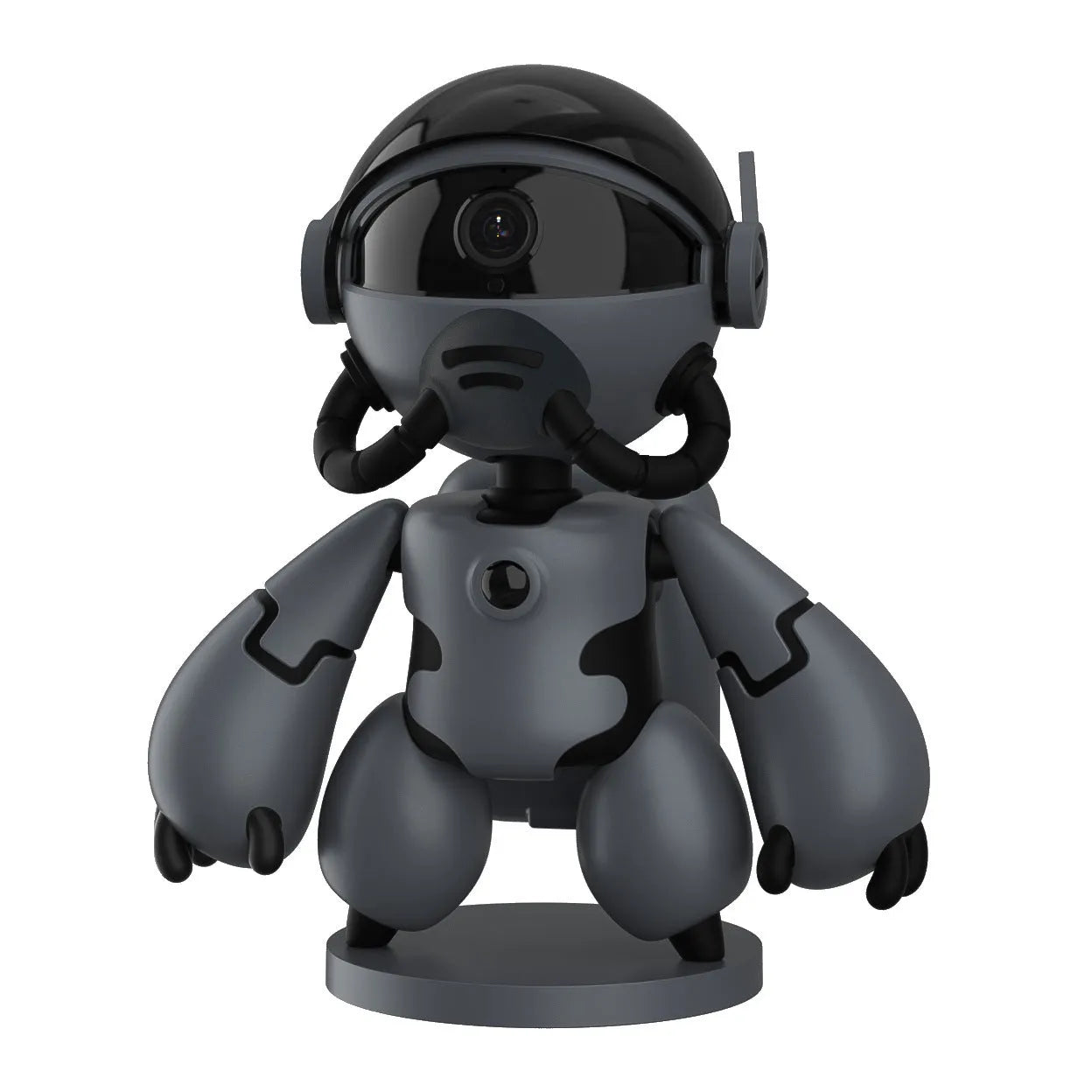 Black or white indoor WiFi security camera with a wide-angle lens on a detachable base.