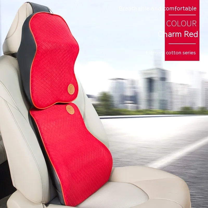 Black memory foam car headrest pillow and lumbar support pillow set on car seat