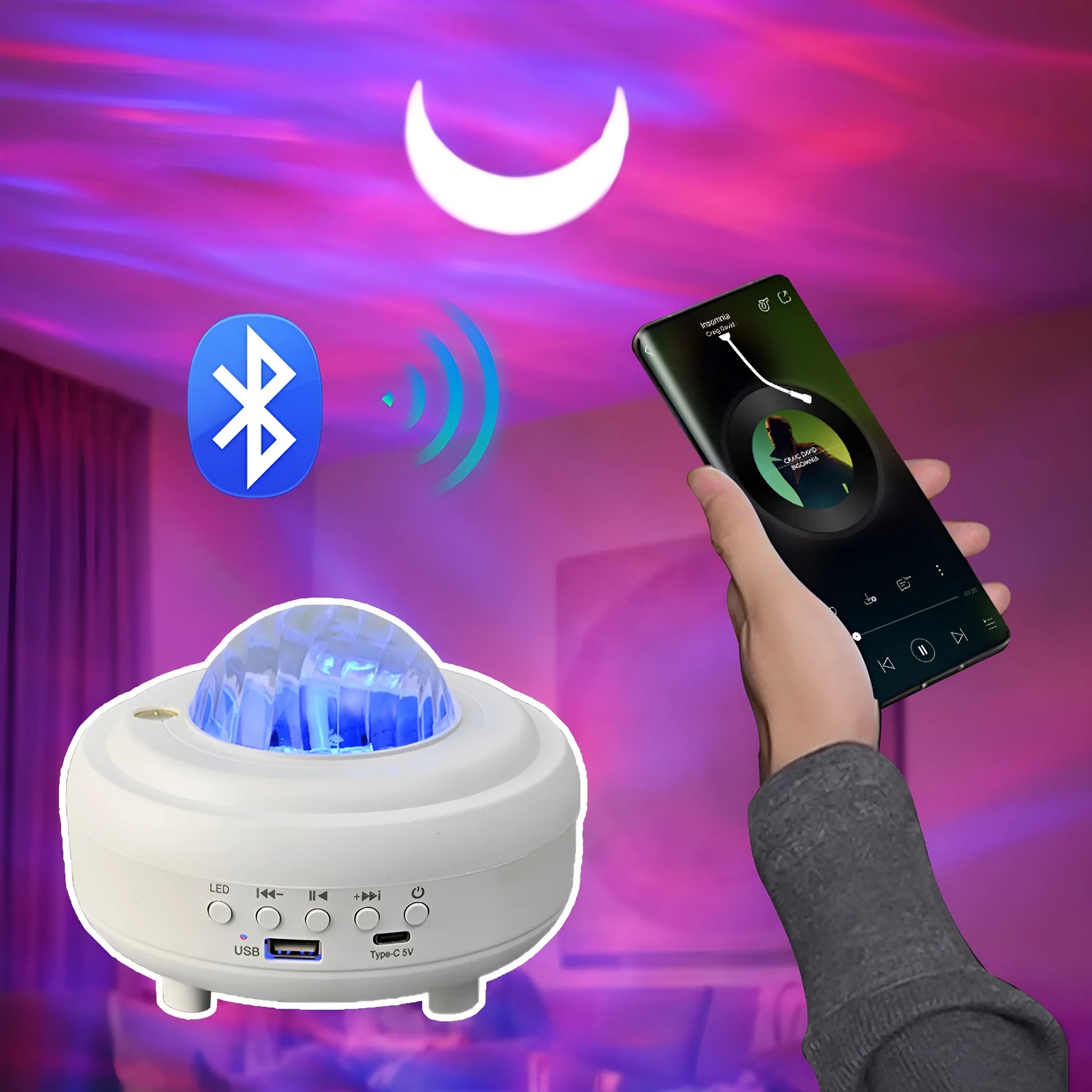 White Bluetooth galaxy star projector night light showing starry sky projection on ceiling