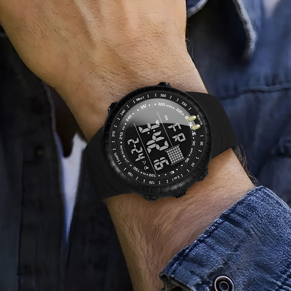 Black men's outdoor digital watch with large dial showing WR50M waterproof rating and adjustable PU strap
