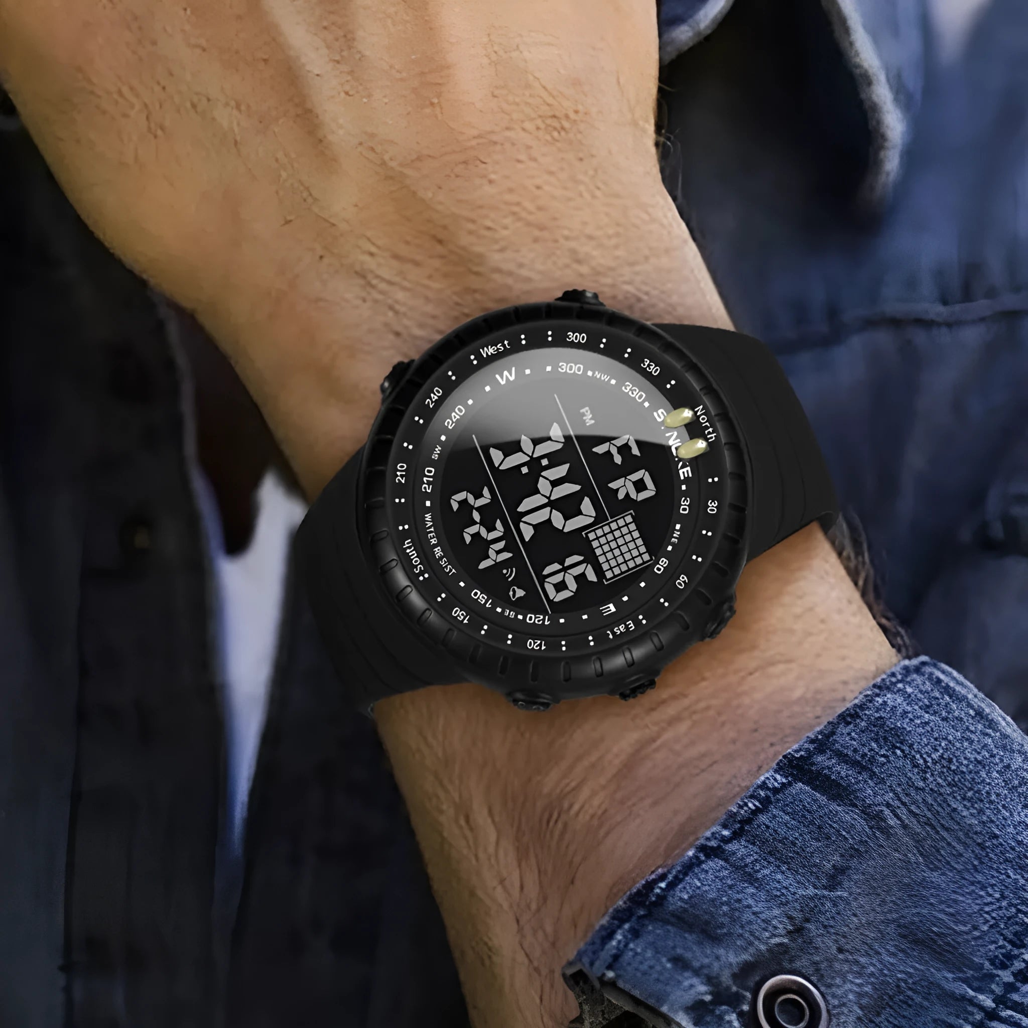 Black men's outdoor digital watch with large dial showing WR50M waterproof rating and adjustable PU strap