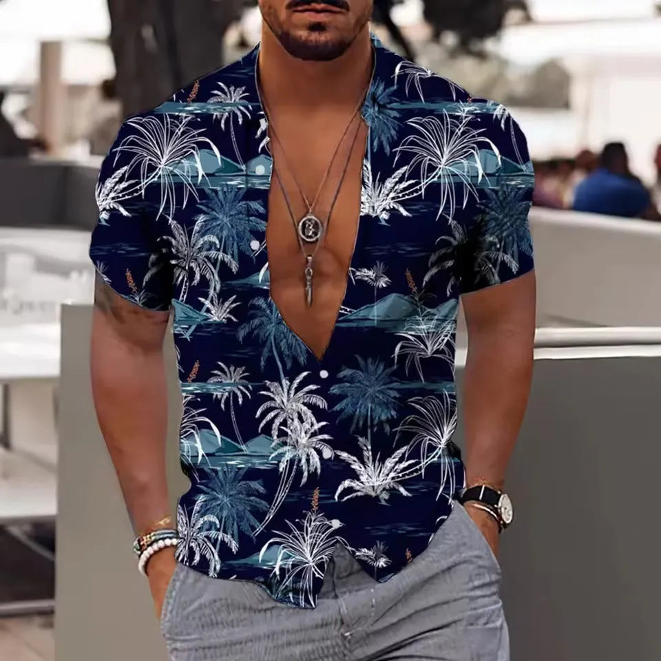 Men's short sleeve floral print shirt with loose cardigan styling in polyester fabric