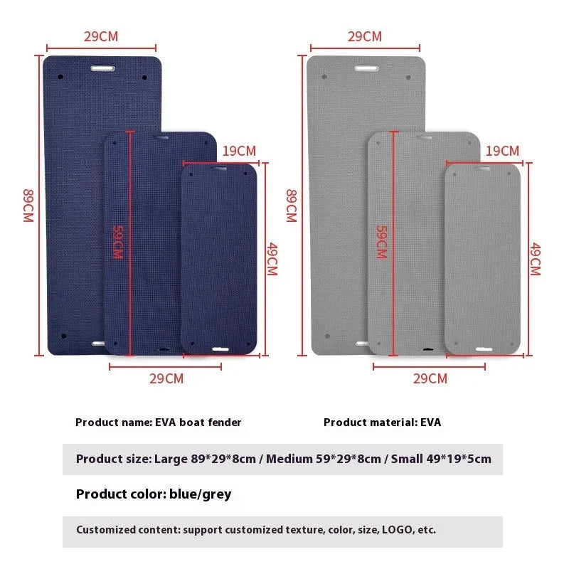 Blue and grey EVA foam marine fender for boat hull protection.