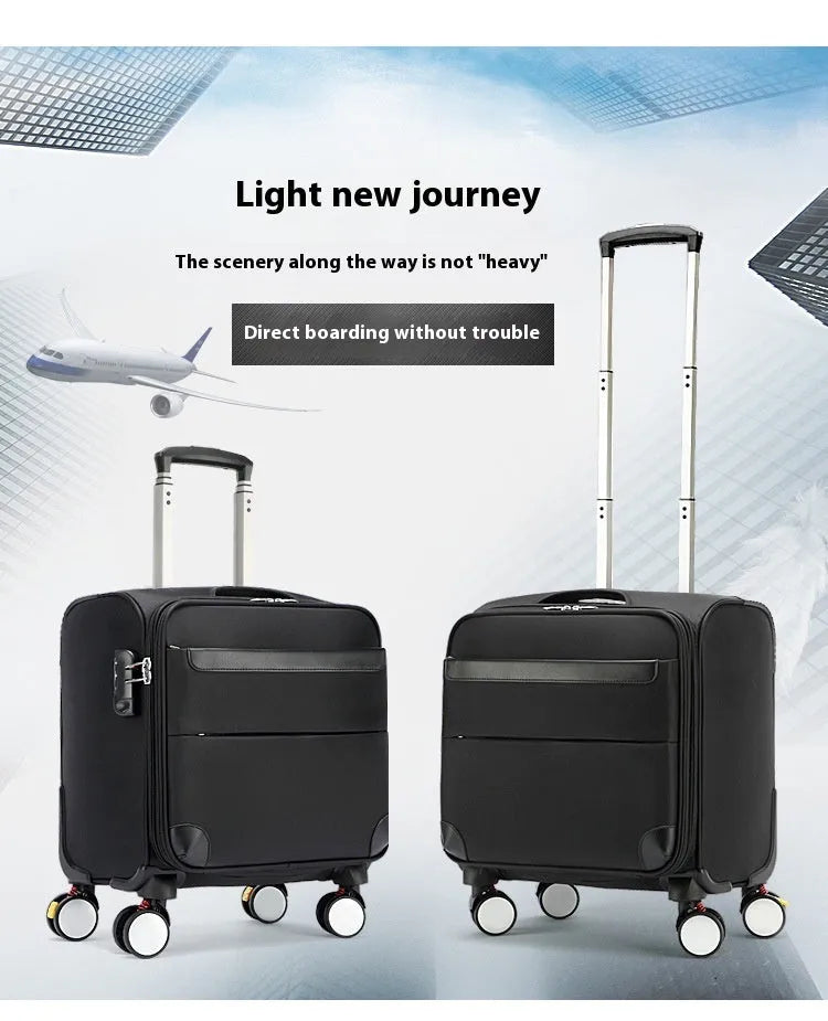 Black 18 inch Oxford cloth business suitcase with retractable handle and universal wheels.