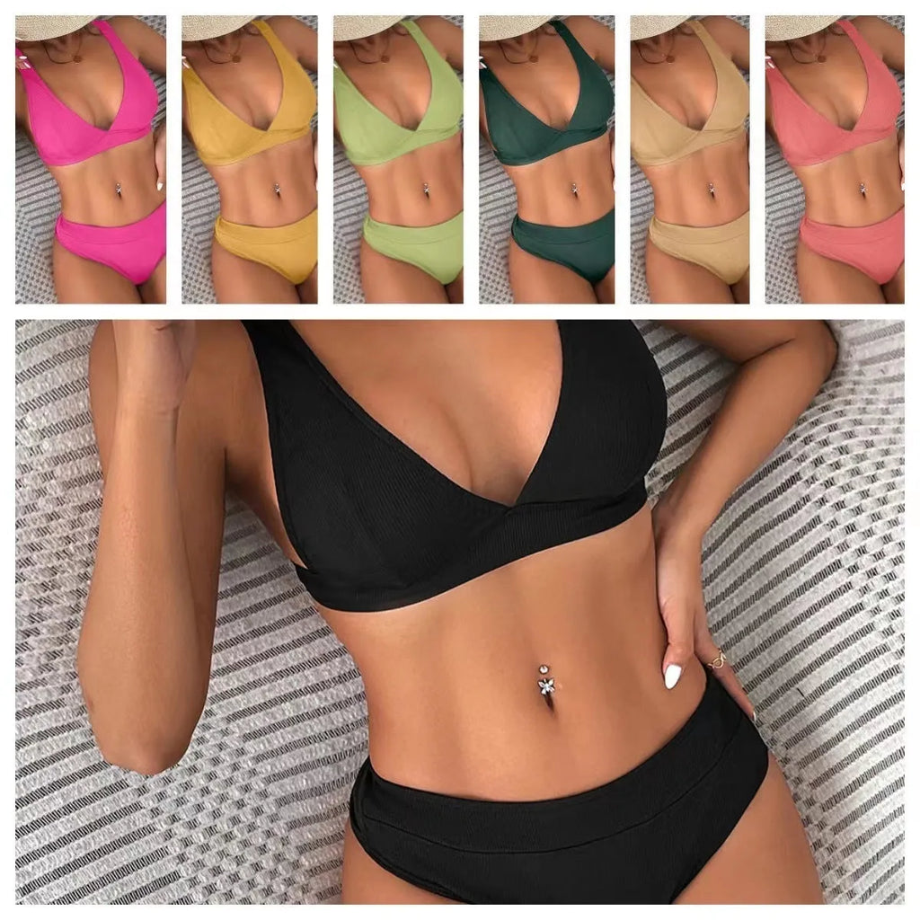 Women's lace-up split front bikini swimsuit in rib fabric available in multiple colours and styles