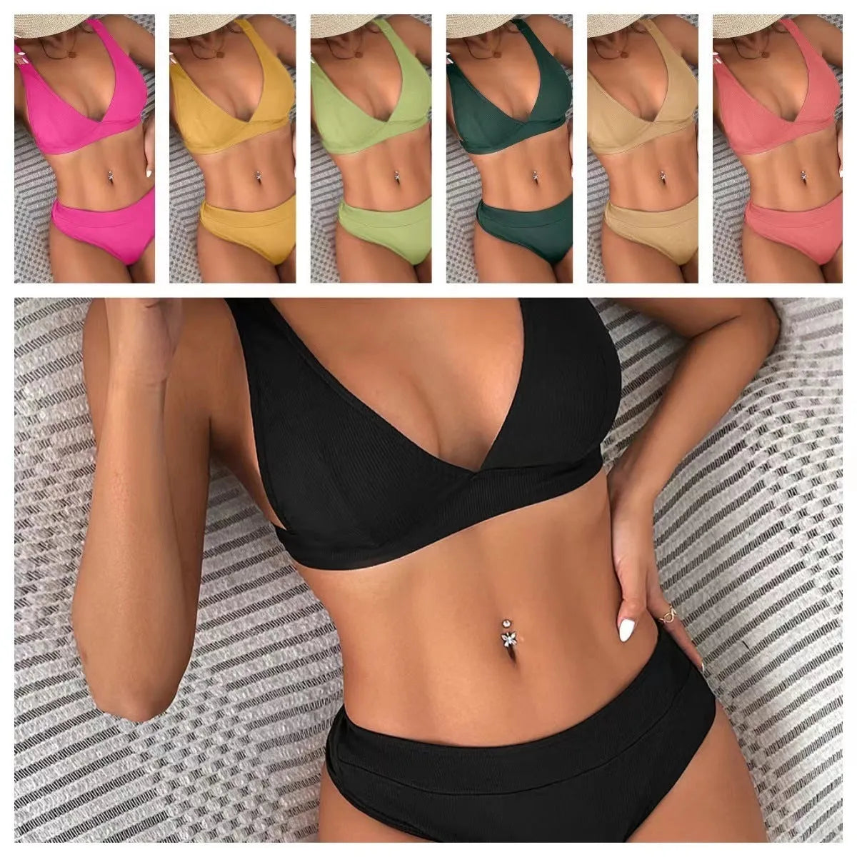 Women's lace-up split front bikini swimsuit in rib fabric available in multiple colours and styles