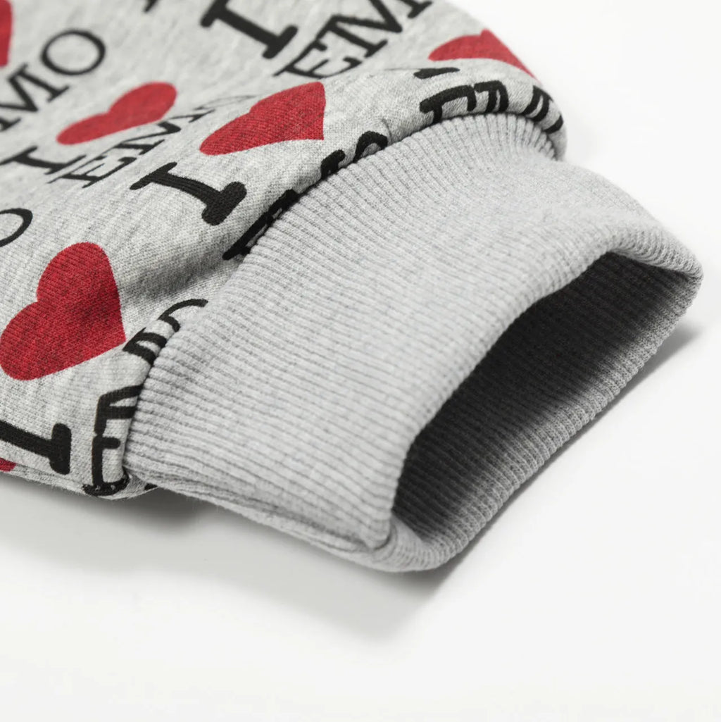 Women's melange grey cotton cardigan with hood and retro autumn pattern