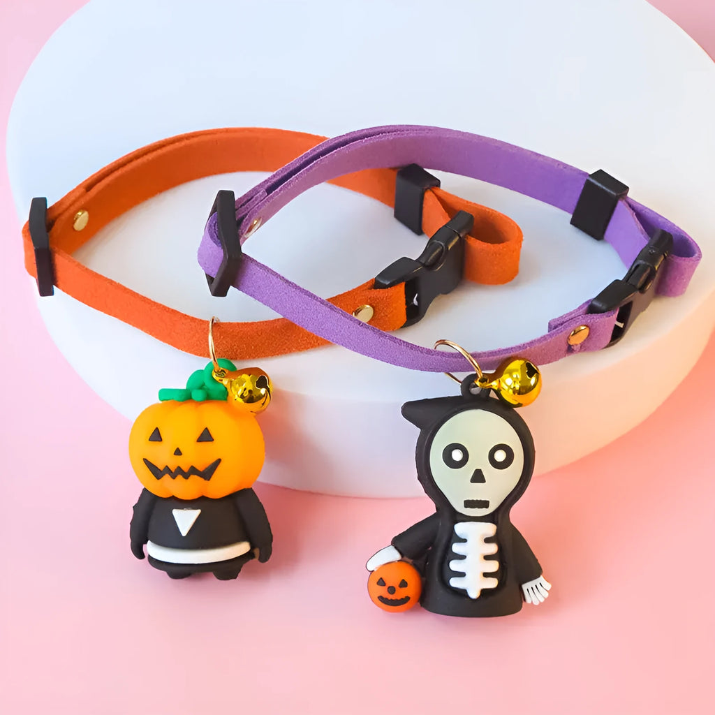 Halloween pet collar with luminous glow-in-the-dark pumpkin man pattern, adjustable size for dogs and cats