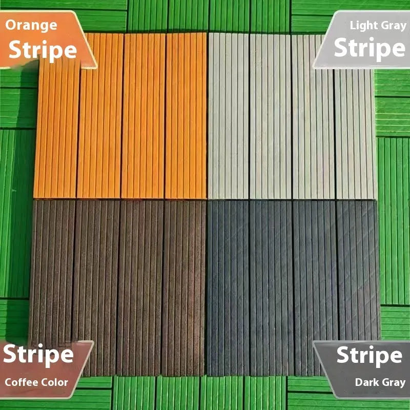 Pack of ten wood grain plastic floor tiles showing splicing edges and non-slip texture