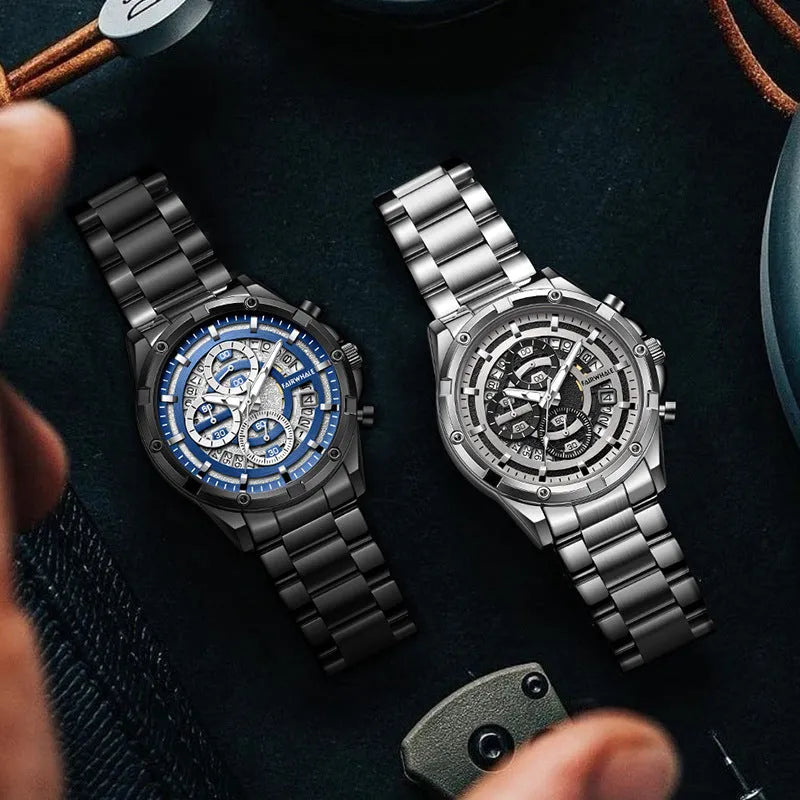 Men's casual waterproof watch with luminous dial and stainless steel strap in three colour variants.