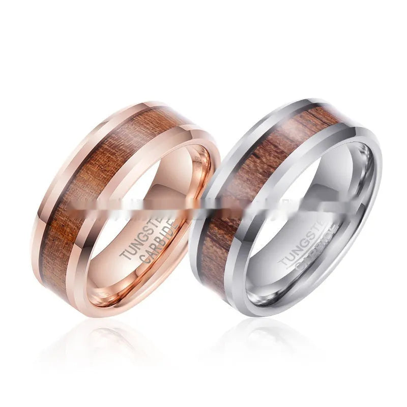 Men's U-shaped tungsten carbide ring in rose gold or steel finish, 8mm wide.