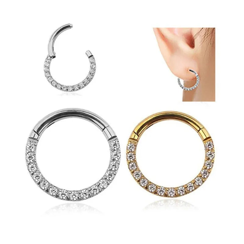 A round stainless steel seamless nose ring shown in gold, rose gold, black, and steel colour finishes.