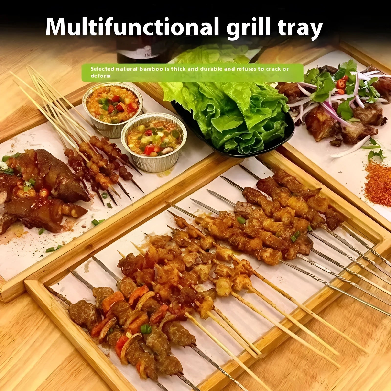 Brown handle bamboo barbecue serving tray square shape for hotel dining and coffee shops