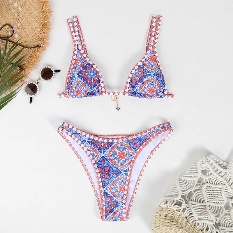 Retro printed women's bikini swimwear in bright four-colour pattern with polyester fabric
