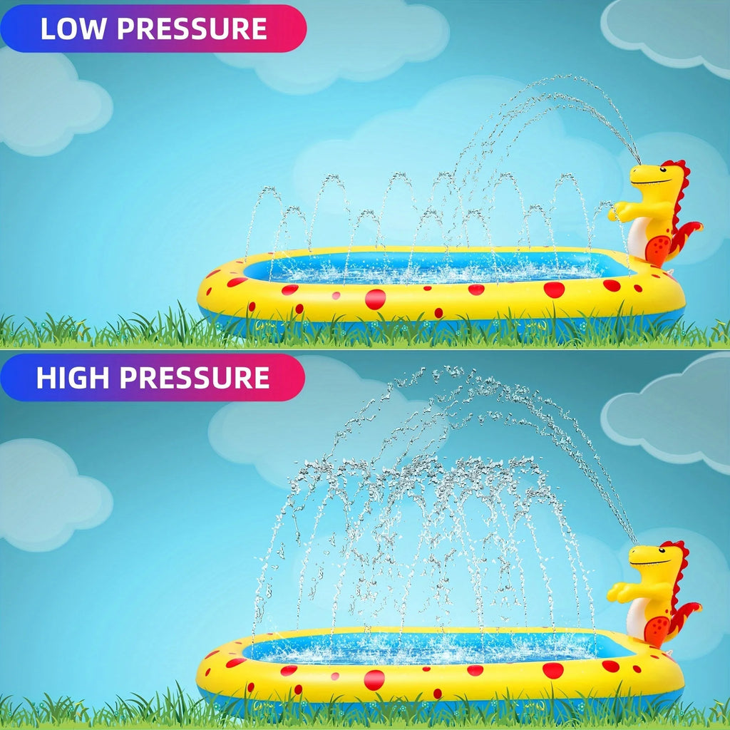 Blue and yellow inflatable dinosaur and shark themed water spray pool for kids in a garden.