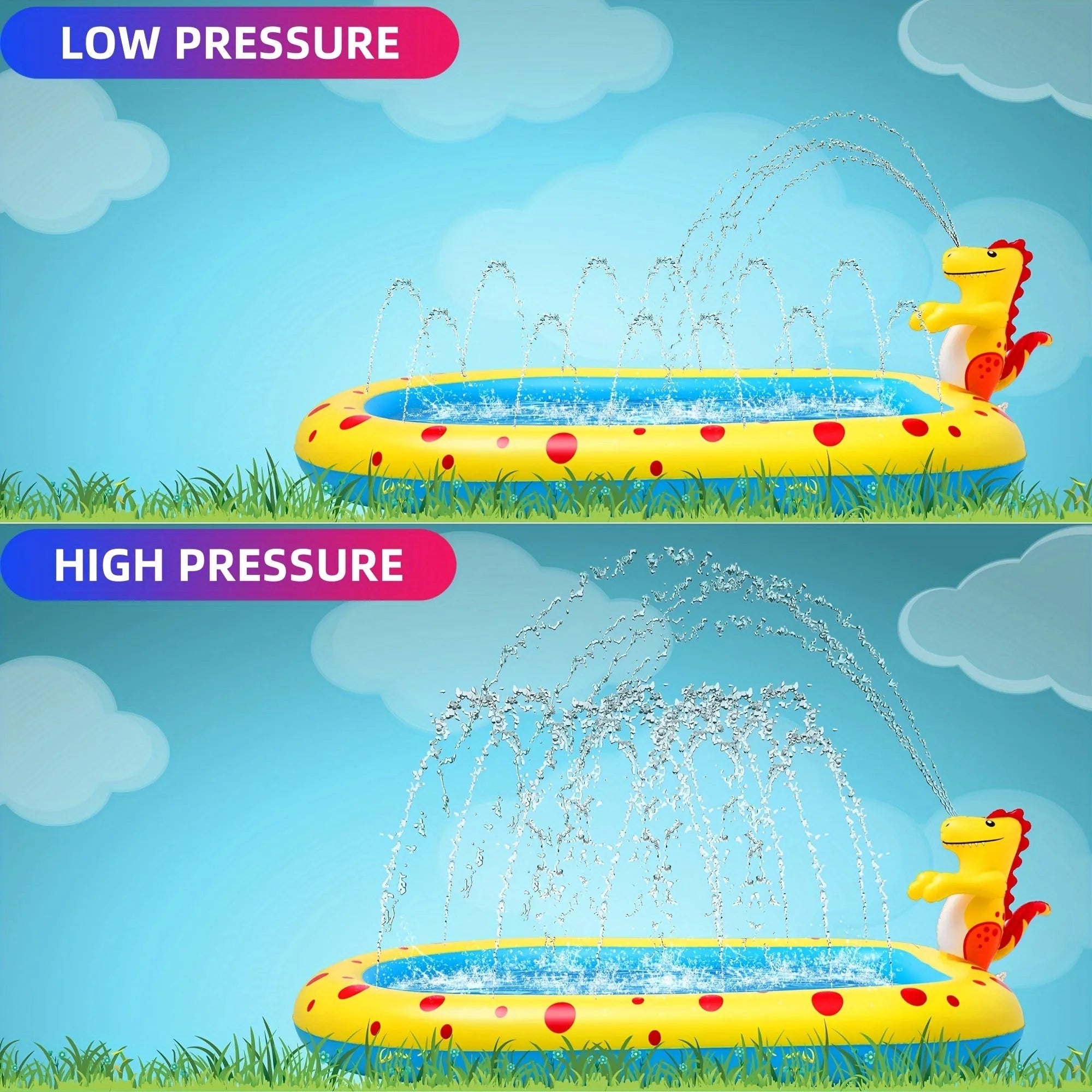 Blue and yellow inflatable dinosaur and shark themed water spray pool for kids in a garden.