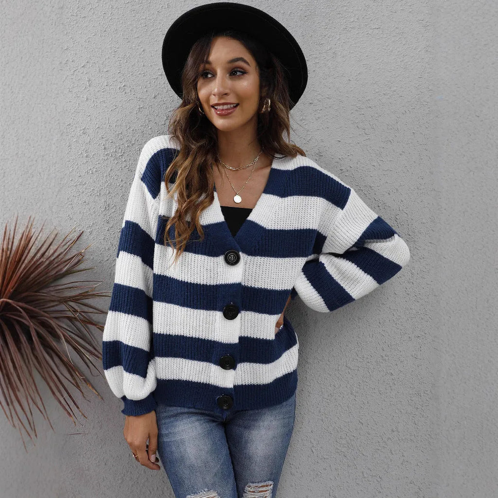 Women's striped cardigan in deer plush fabric with button stitching detail